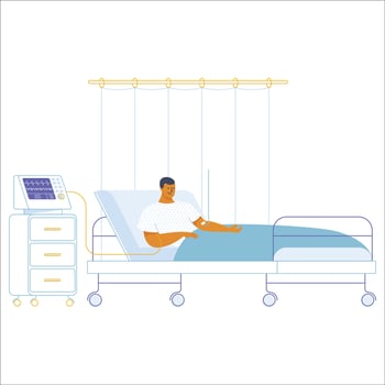 Hospital bed and patient. Flat vector illustration of a man in hospital bed.