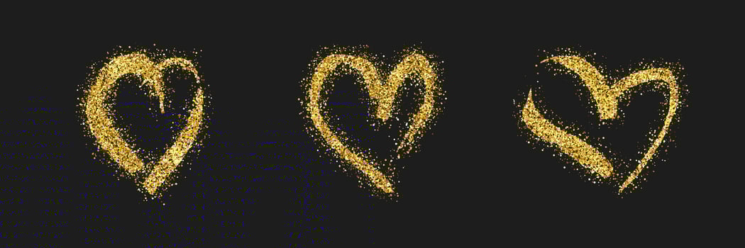 Set of three gold glitter doodle hearts on dark background. Gold grunge hand drawn heart. Romantic love symbol. Vector illustration.