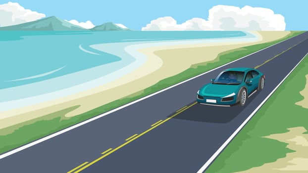 Electric vehicle sport car with driving on empty asphalt road. Eco area of green grass and beside of sea beach. Background of mountain under blue sky and white clouds. vector