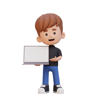 3D kid Character Holding and Presenting to a Laptop with Empty Screen png