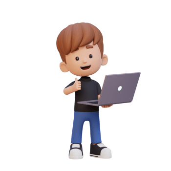 3D cute kid character give a thumb up while holding a laptop png