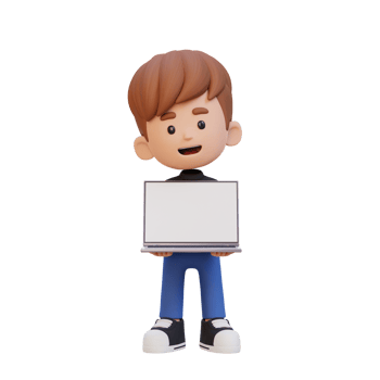 3D kid Character Holding and Presenting to a Laptop with Empty Screen png