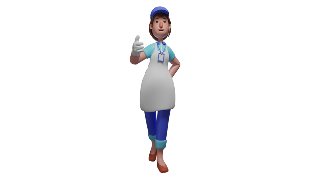 3D illustration. Nutrition Staff 3D cartoon character. Sweet woman with short hair works as a nutrition staff at a well-known company. Nutrition staff is wearing safety clothing. 3D cartoon character png