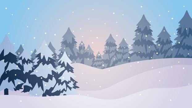 Winter pine forest landscape vector illustration. Scenery of snow covered coniferous in cold season. Snowy pine forest landscape for background, wallpaper or illustration