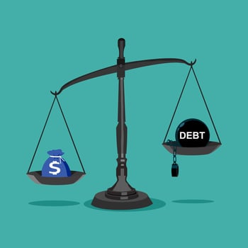 Money bag and debt in the scales. the idea that there is sufficient funds to use home debt. illustration eps vector