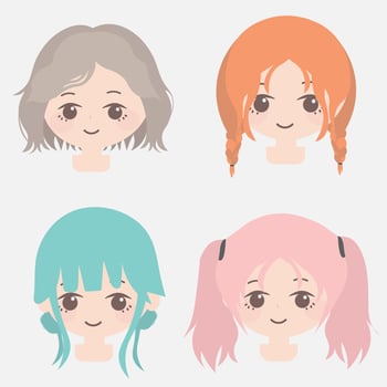 4 cartoon girls in various kinds of hair, different colors, in the style of light green and light gray, japanese-inspired, light pink and dark orange, simple designs, the pictures generation, frayed vector