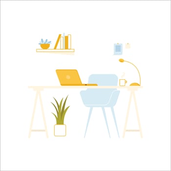 Workplace interior. Workplace with laptop, coffee cup, bookshelf, plant in pot. Flat style vector illustration.