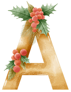 Watercolor Gold Christmas Winter forest Floral Alphabet with bell, pine, holy berry, Woodland botanical Floral letters set element for baby shower invite, wedding monogram initials png