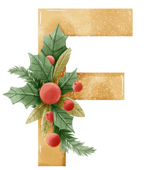 Watercolor Gold Christmas Winter forest Floral Alphabet with bell, pine, holy berry, Woodland botanical Floral letters set element for baby shower invite, wedding monogram initials png