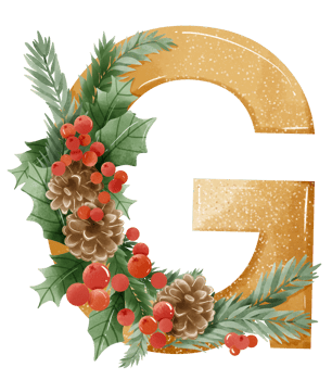 Watercolor Gold Christmas Winter forest Floral Alphabet with bell, pine, holy berry, Woodland botanical Floral letters set element for baby shower invite, wedding monogram initials png