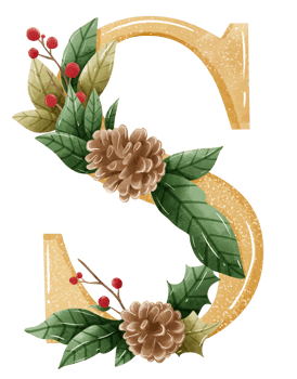 Watercolor Gold Christmas Winter forest Floral Alphabet with bell, pine, holy berry, Woodland botanical Floral letters set element for baby shower invite, wedding monogram initials png