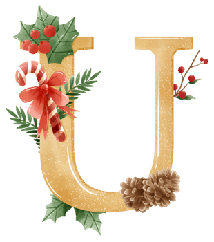 Watercolor Gold Christmas Winter forest Floral Alphabet with bell, pine, holy berry, Woodland botanical Floral letters set element for baby shower invite, wedding monogram initials png