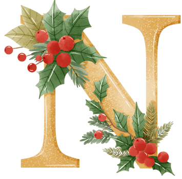Watercolor Gold Christmas Winter forest Floral Alphabet with bell, pine, holy berry, Woodland botanical Floral letters set element for baby shower invite, wedding monogram initials png