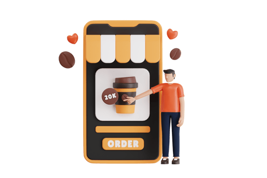 Boy ordering coffee online 3D Illustration. ordering coffee in food app. 3d illustration png