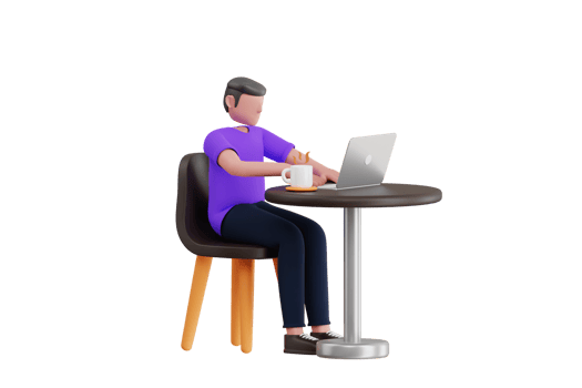 Man working on laptop at cafe 3d illustration. Man enjoying coffee while working on laptop. 3d illustration png