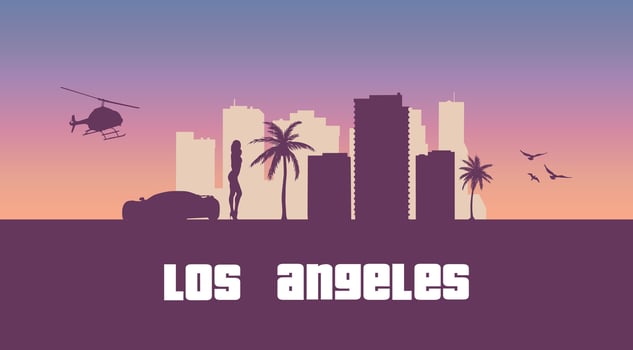 Los Angeles skyline. California City Landscape. Malibu beach, skyscrappers, buildings. USA silhouette graphic. American vibes. Sunset boulevard. Retro 80's illustration. Street aesthetic. vector