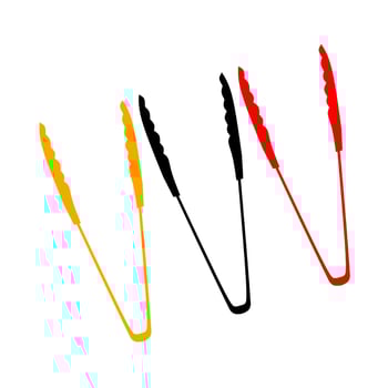 Vector illustration of three greasy food tongs in different colors on a white background. Suitable for logos on cooking utensils, kitchen utensils.
