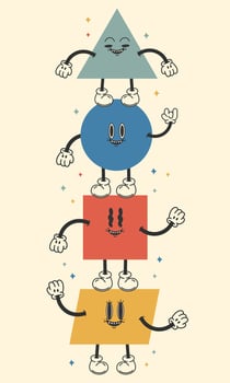 Funny cartoon geometric different shapes with happy emotions. Vector cartoon flat cute characters isolated.Groovy retro style
