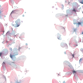 Butterflies are pink, blue, lilac, flying, delicate with wings and splashes of paint. Hand drawn watercolor illustration. Square frame, template on a white background, for design. Vector EPS