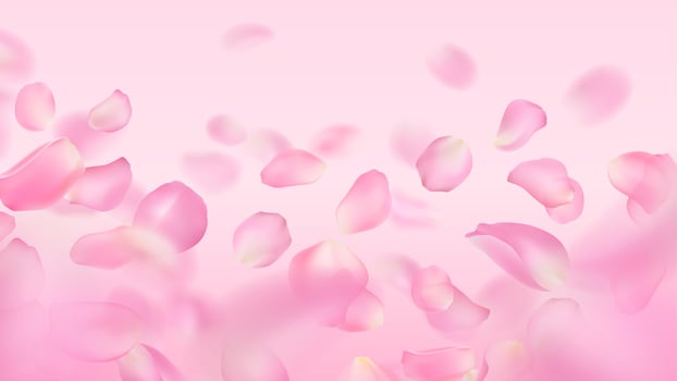 Vector wallpaper of realistic rose petals. Close-up. Template of flying voluminous blurred pink sakura petal with blur effect. Spring floral illustration for background, banner, romantic greeting card