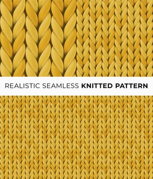 Yellow realistic merino wool fabric. Seamless detailed knitted pattern. illustration with closeup texture for wallpaper, background, web page backdrop, wrapping paper, winter design, postcard. vector