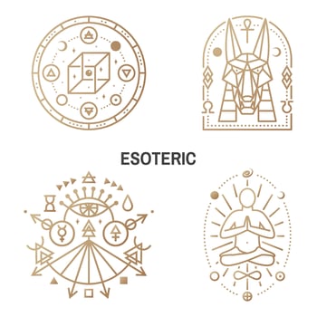 Esoteric symbols. Thin line geometric badge. Outline icon for alchemy, sacred geometry. Mystic, magic design with chemistry flask with crow foot, egyptian god Anubis, unreal geometrical cube vector
