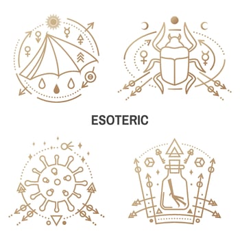 Esoteric symbols. Vector. Thin line geometric. Outline icon for alchemy, sacred geometry. Mystic, magic design with scarab beetle, bacteria, coronavirus, bat wing, chemistry flask with crow foot vector