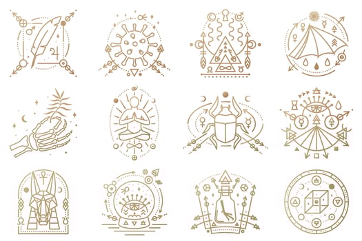 Esoteric symbols. Vector illustration. Outline icon for alchemy, sacred geometry. Mystic, magic design with man in yoga lotus pose, bat wing, chemistry flask, skull, gate, scarab beetle