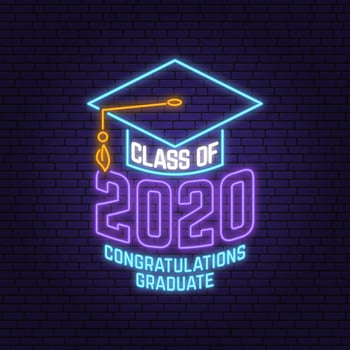 Class of 202 neon bright signboard, light banner. Vector. Neon typography design with graduation cap. Template for the graduation party poster, flyer, lighting banner vector