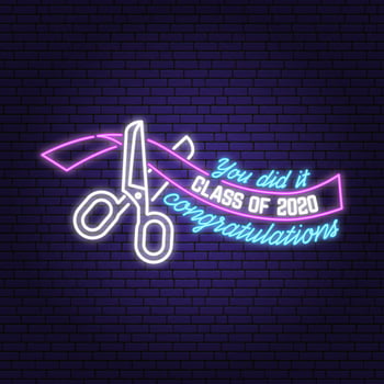 Class of 202 neon bright signboard, light banner. Vector. Neon typography design with ribbon and scissors. Template for the graduation party poster, flyer, lighting banner vector