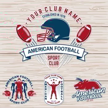 Set of american football or rugby club badge. Vector for shirt, logo, patch. Vintage design with american football sportsman player, helmet, ball, grass and shoulder pads silhouette