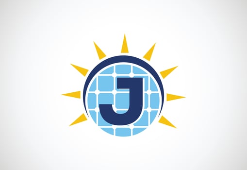 English alphabet J with solar panel and sun sign. Sun solar energy logo vector illustration