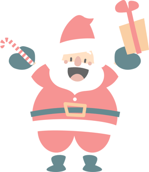 merry christmas and happy new year with cute santa claus, candy cane, and gift box, flat png transparent element cartoon character design