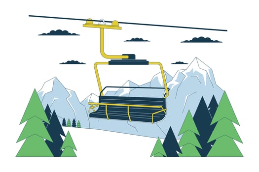 Ski lift chair in forest mountains line cartoon flat illustration. Chairlift at ski resort 2D lineart landscape isolated on white background. Elevator cableway woodland scene vector color image