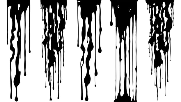 Set od Abstract Dripping Paints. Black ink flows down in long streams and drops. Flowing black liquid. Droplets. Dirty grunge texture. Vector illustration isolated on white background. Design elements