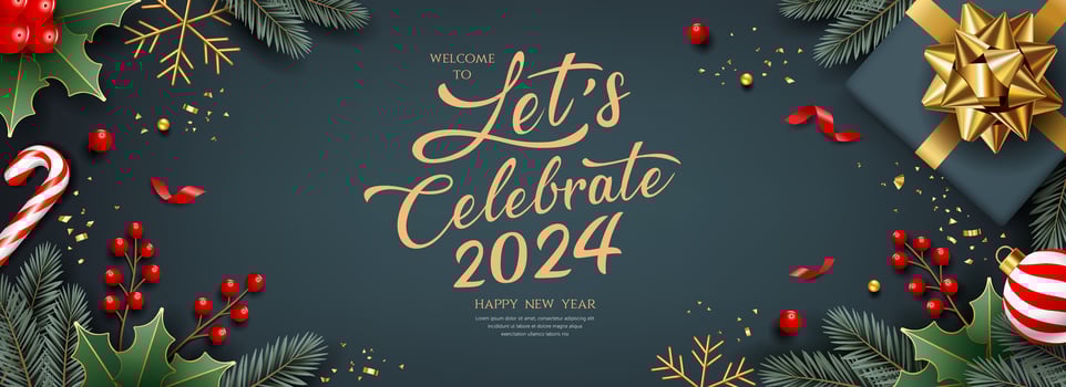 2024 Let's celebrate Merry christmas and Happy new year, banner greeting card design on dark gray background, Eps 10 vector illustration