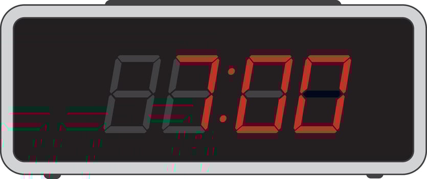 Digital black alarm clock displaying 7.00 clock logo design. Digital clock with red numbers. Time to wake up, attend meeting or appointment, ring bounce alarm clock vector