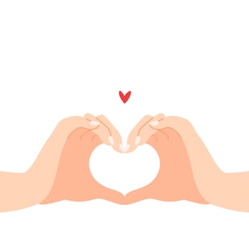 Beautiful hands making a heart shape to express feeling of love cartoon flat vector illustration isolated on white background. Sending romantic feeling with mini heart. Happy Valentine's Day.