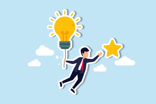 Creativity or innovation to help reach business goal, lightbulb idea to success, leadership to get solution to achieve goal, smart businessman flying with lightbulb idea to catch star in the sky. vector