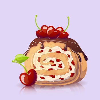 Cherry roll in cartoon style on purple background. Vector illustration for poster, banner, website, advertisement. Vector illustration with colorful sweet dessert.
