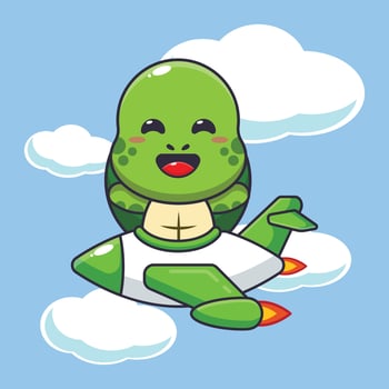 Cute turtle ride on plane jet cartoon vector illustration.