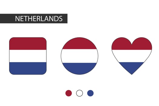 Netherlands 3 shapes square, circle, heart with city flag. Isolated on white background. vector