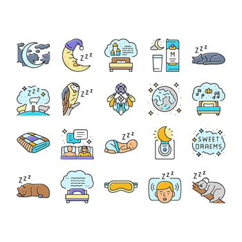 sleep bed pillow dream night icons set vector