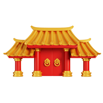 Red gold Chinese gate with door. Chinese new year elements icon. 3D rendering png