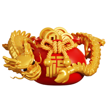 Chinese dragon with lucky money bag. Chinese new year elements icon. 3D rendering png