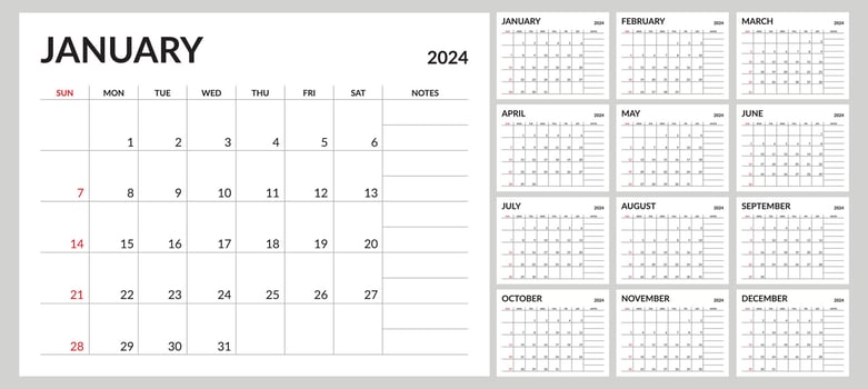 Calendar 2024 full month simple and modern vector