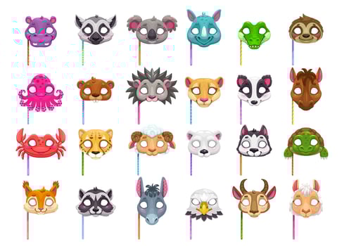 Cartoon animal carnival party masks vector set