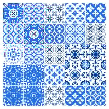 Majolica tile collection azulejo design. Blue pattern with national ornate set. Vector illustration.