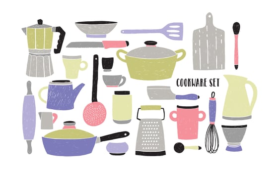 Cookware set on white background. Stylized hand drawn doodle dishes. Pastel colors vector illustration.