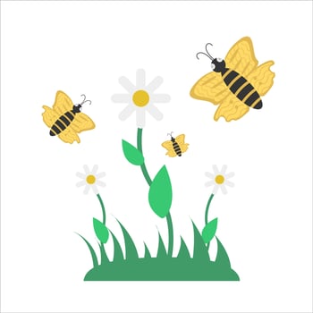 butterfly, flower with grass illustration vector